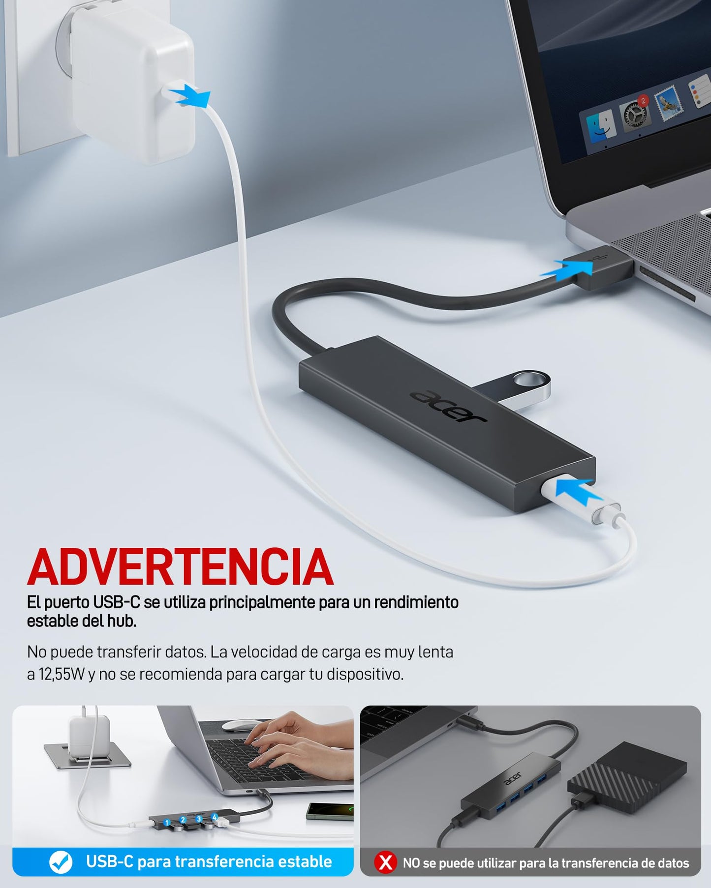 acer HUB USB 3.0, Ultradelgado Multipuerto Adaptador USB 3.0 de 4 puertos para PC, Portátil, Teclado, Mouse, Disco Duro, MacBook Pro/Air, 60 cm – para oposiciones – Material de estudio – OpoMarket