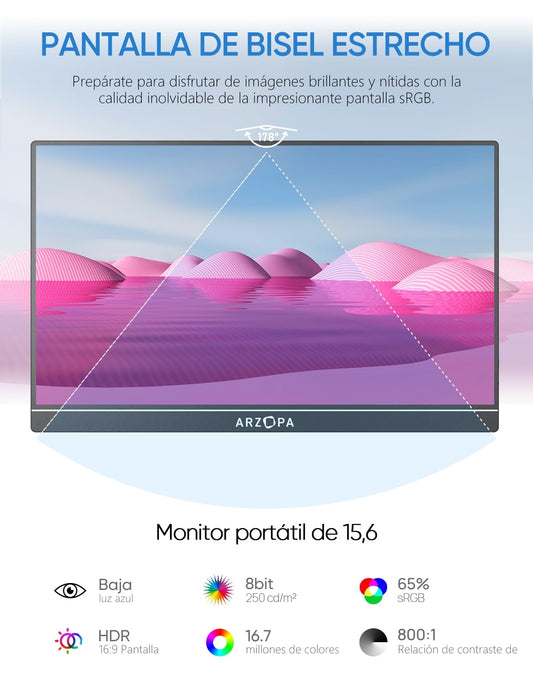 ARZOPA Monitor portátil, Monitor Portátil IPS FHD de 15,6" 1920 × 1080 con Soporte, Segunda Pantalla Ultradelgada para Computadora Portátil/PC/Mac/PS3/4/5/Xbox - A1 – Ordenador personal para oposiciones – Material de estudio – OpoMarket