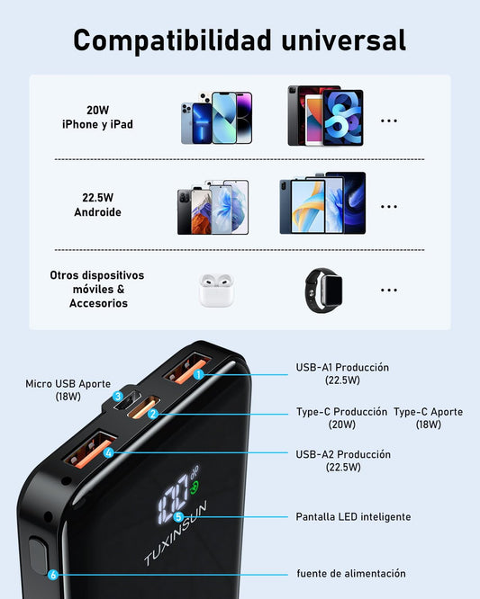 Batería Externa 20000mAh, 22.5W Power Bank PD3.0 QC4.0 Carga Rápida, Powerbank USB C Entrada Salida, Pantalla LCD Grande y Compacto para iPhone, Samsung, Xiaomi, iPad, AirPod (Negro) – para oposiciones – Material de estudio – OpoMarket