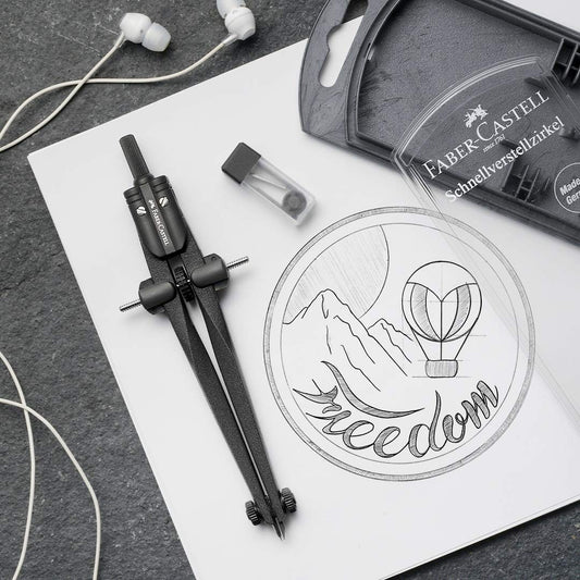 FABER - CASTELL 174530 - Compás de ajuste rápido Stream, Blackstone, juego de compases con piezas de repuesto y minas para compás – para oposiciones – Material de estudio – OpoMarket