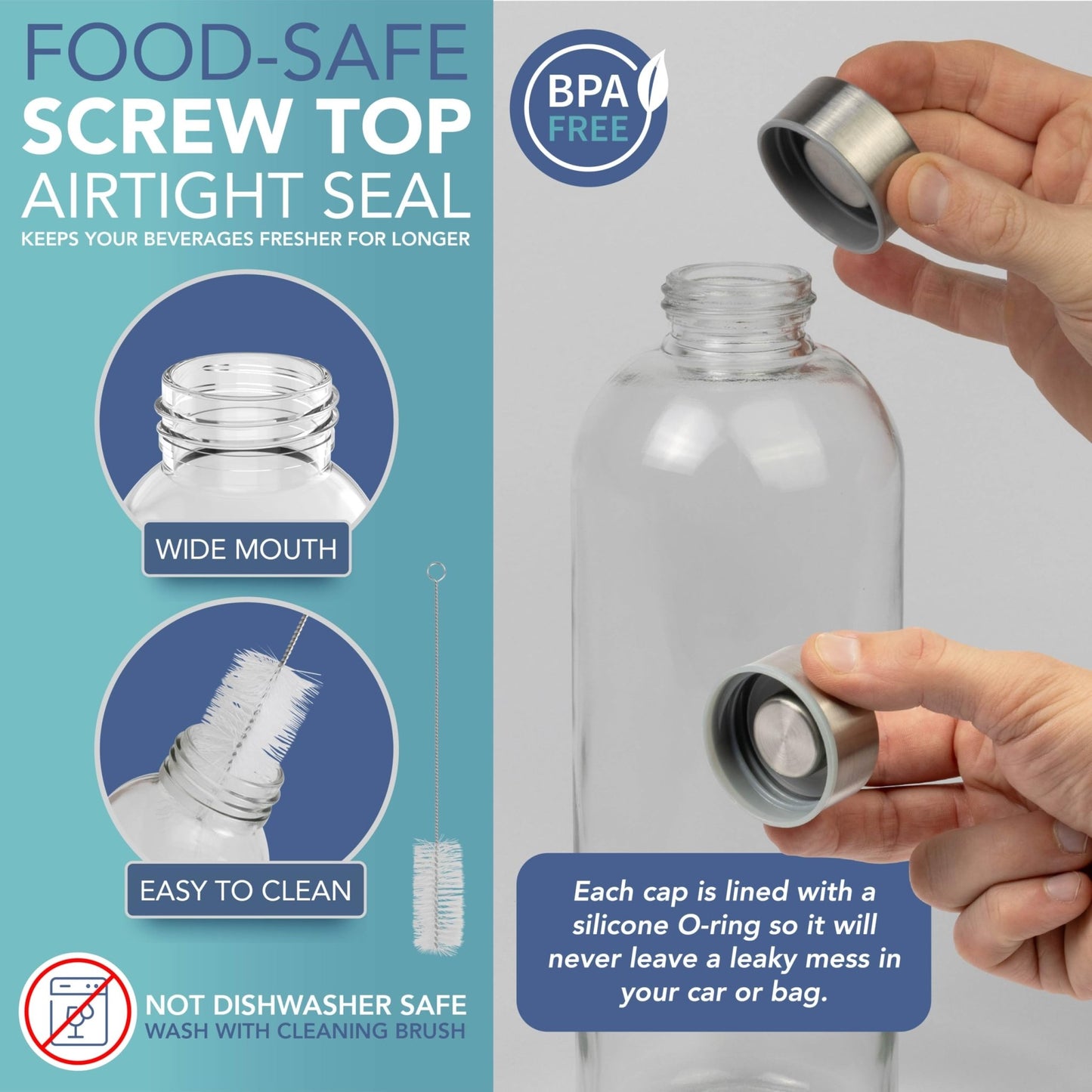 HEFTMAN Botella de agua de vidrio de 1 litro, paquete de 3 botellas de vidrio vacías con tapas, agua, batidos, botellas de jugo de vidrio con tapas herméticas, a prueba de fugas, de acero inoxidable y – para oposiciones – Material de estudio – OpoMarket