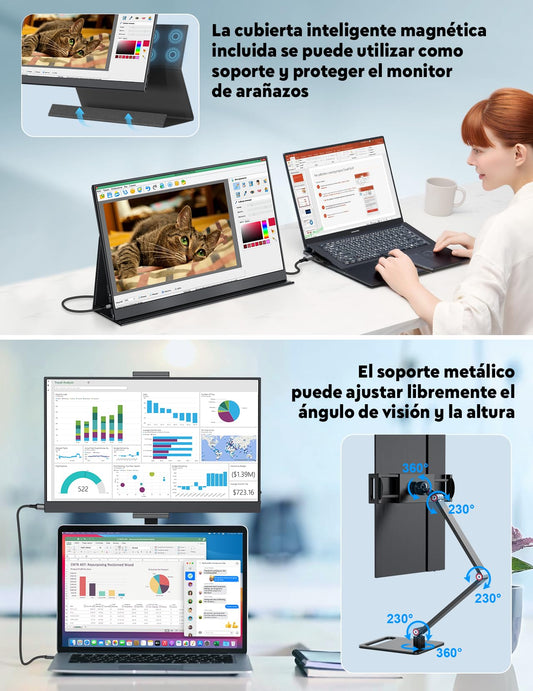 MAGICRAVEN Monitor Portatil Pantalla Portatil 15,6" 1080 FHD IPS Pantalla Ordenador Móvil Externa Monitore Altavoz Integrados con HDMI USB C Monitor para Laptop PC Mac Teléfono X - Bo PS45 con Soporte – Ordenador personal para oposiciones – Material de estudio – OpoMarket