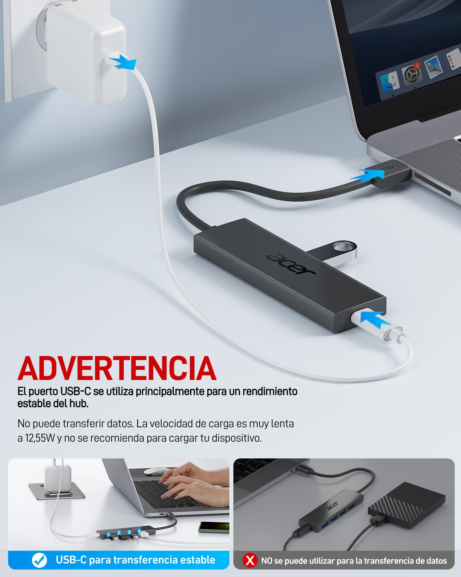 acer HUB USB 3.0, Ultradelgado Multipuerto Adaptador USB 3.0 de 4 puertos para PC, Portátil, Teclado, Mouse, Disco Duro, MacBook Pro/Air, 60 cm – para oposiciones – Material de estudio – OpoMarket