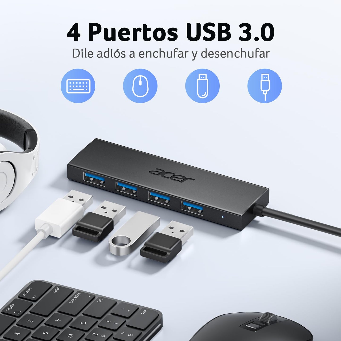 acer HUB USB 3.0, Ultradelgado Multipuerto Adaptador USB 3.0 de 4 puertos para PC, Portátil, Teclado, Mouse, Disco Duro, MacBook Pro/Air, 60 cm – para oposiciones – Material de estudio – OpoMarket