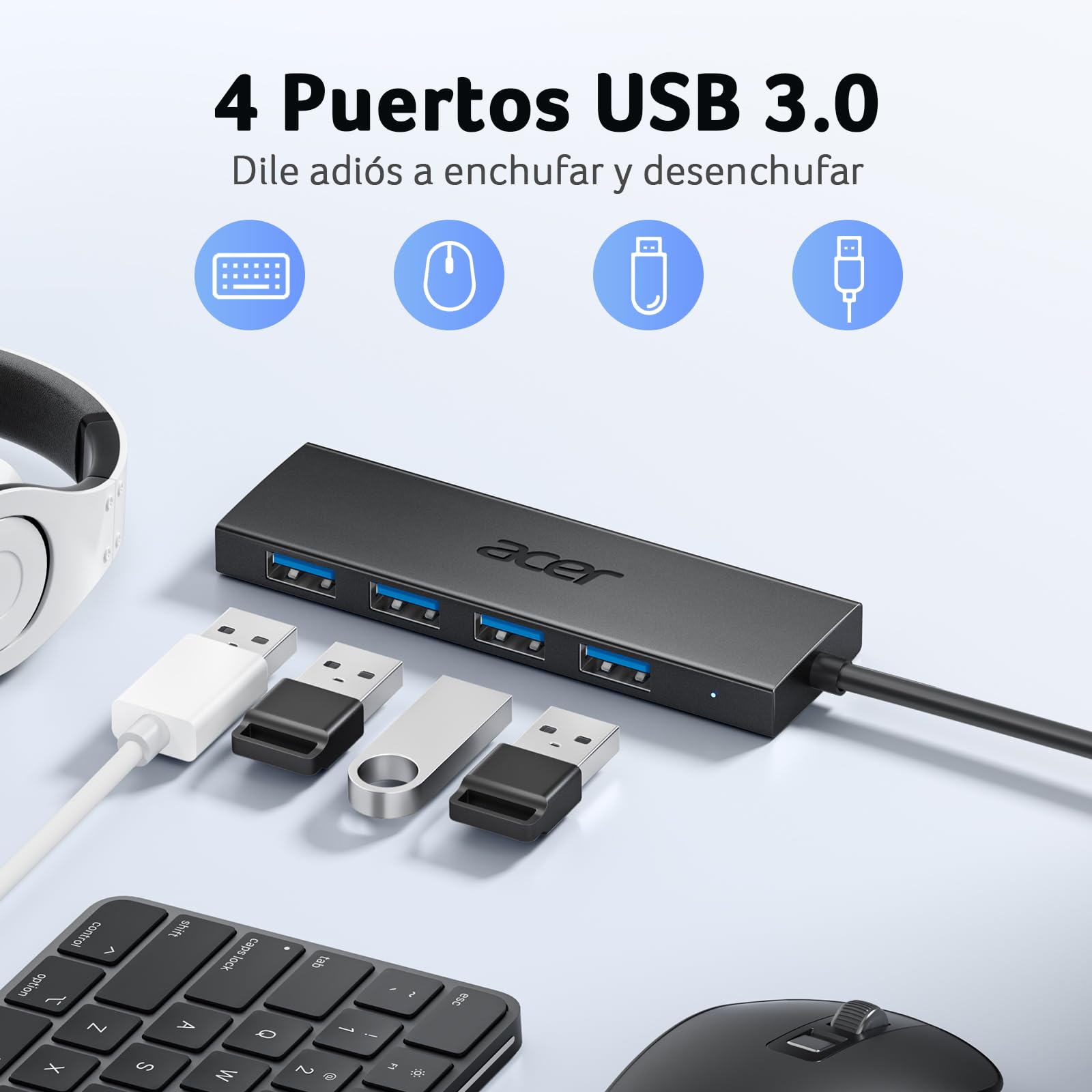 acer HUB USB 3.0, Ultradelgado Multipuerto Adaptador USB 3.0 de 4 puertos para PC, Portátil, Teclado, Mouse, Disco Duro, MacBook Pro/Air, 60 cm – para oposiciones – Material de estudio – OpoMarket