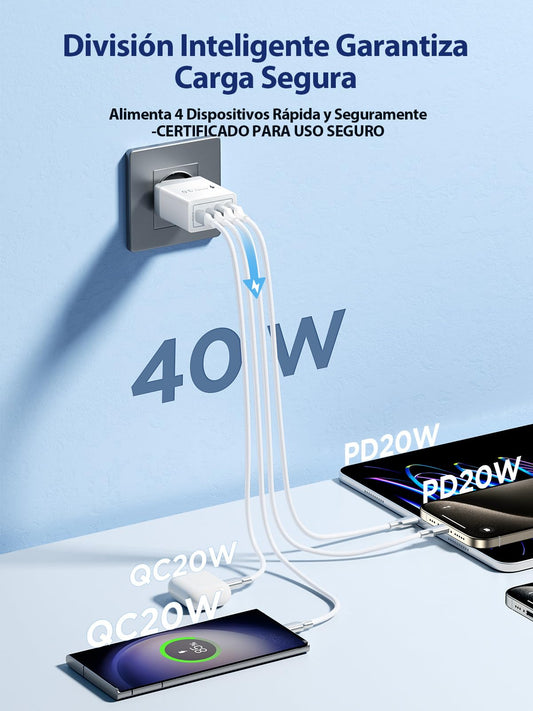 Aioneus Cargador USB C, 40W 4 - Puertos USBC Enchufe Cargador iPhone Carga Rapida, Múltiple Cargadors QC+PD Rápido Pared Adaptador Tipo C para iPhone 17 16 15 14 13 12 11 Pro MAX XR XS 8 7,iPad,Samsung – para oposiciones – Material de estudio – OpoMarket