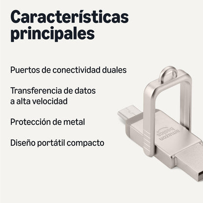 Amazon Basics Memoria USB, Memoria Portátil con Puertos USB C y USB A Duales, 128GB, Color Champán Plateado – para oposiciones – Material de estudio – OpoMarket