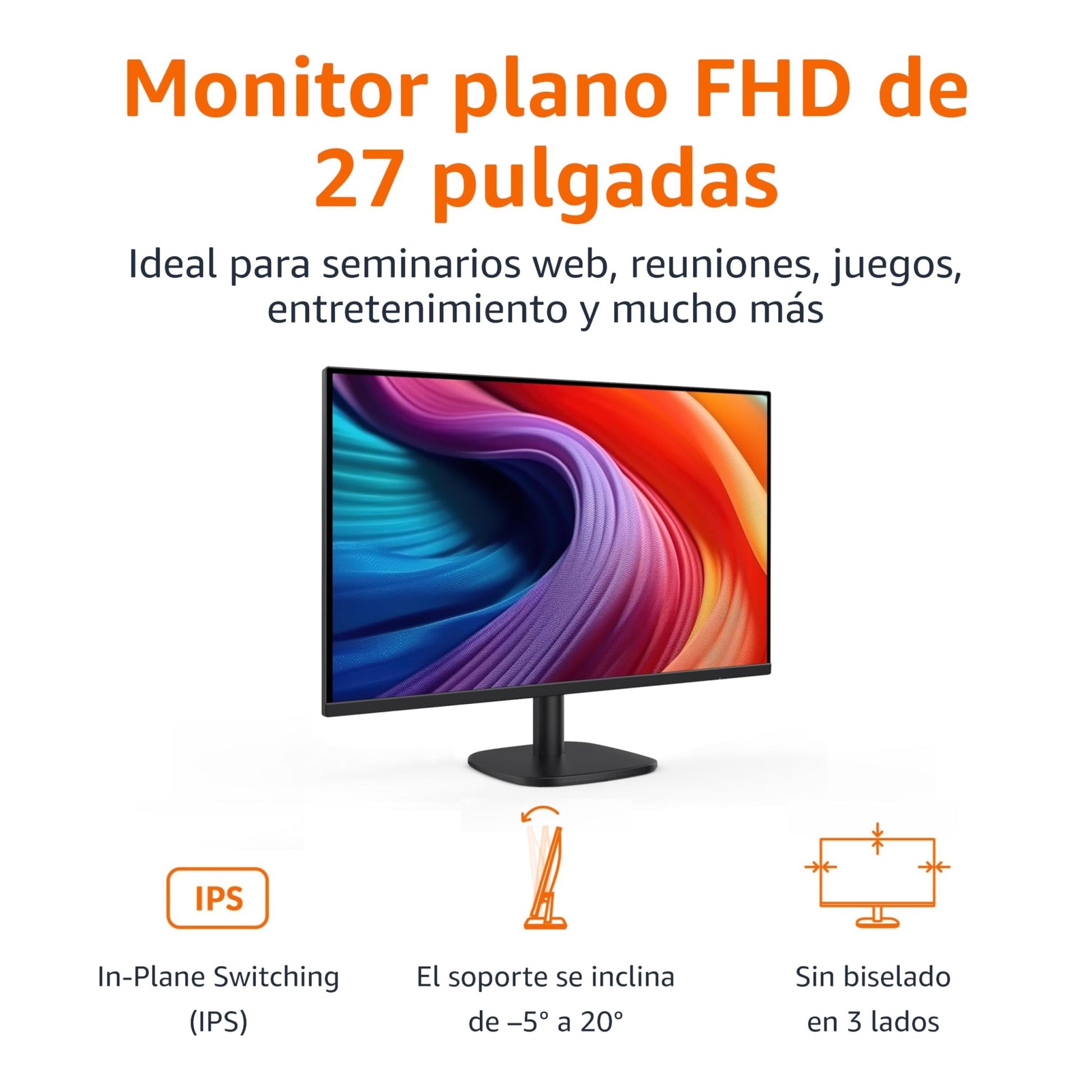 Amazon Basics Monitor de 27"/68.6 cm, FHD 1080p, MAX 100 Hz, Compatible con VESA, Altavoces Integrados, Negro – Ordenador personal para oposiciones – Material de estudio – OpoMarket