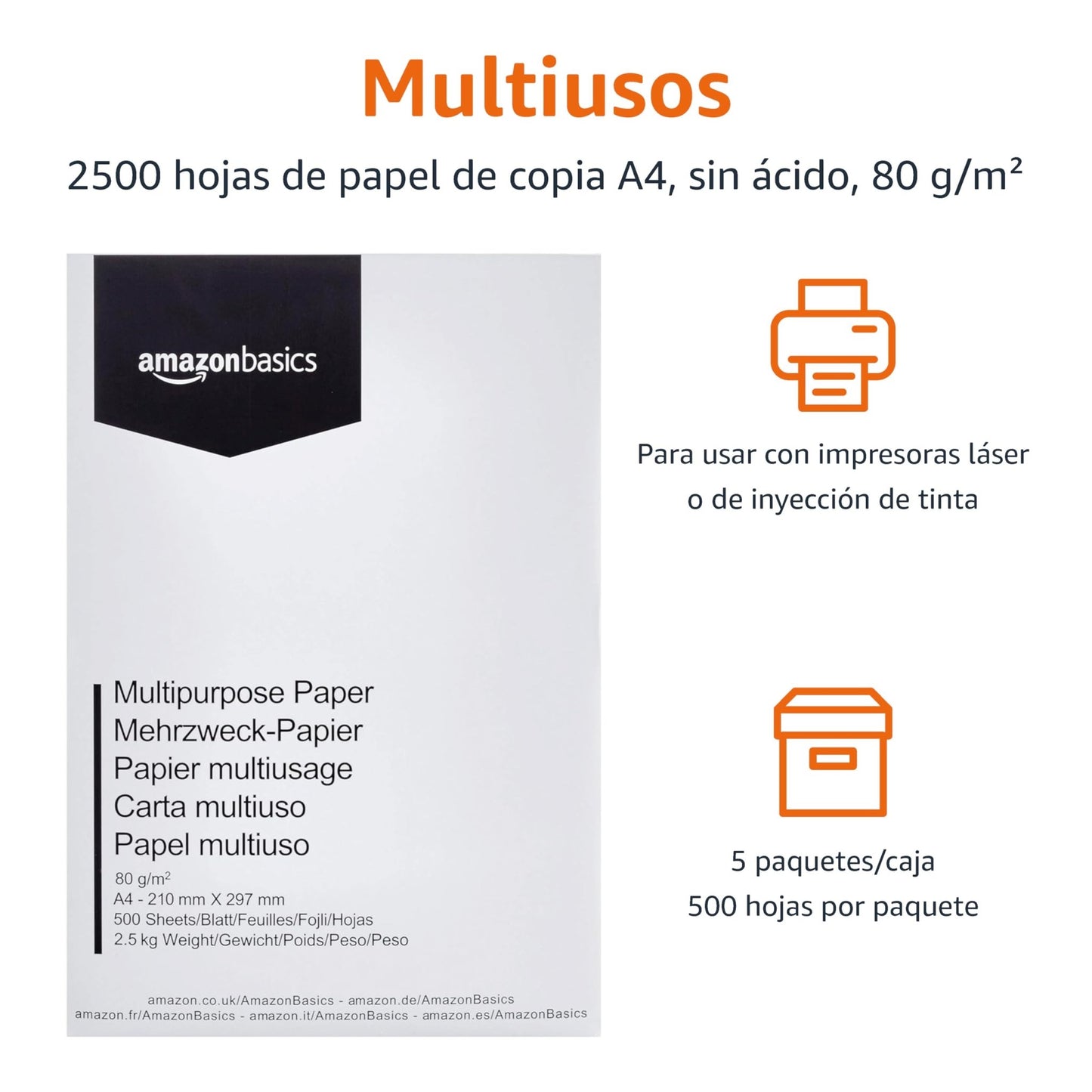 Amazon Basics Papel multiusos para impresora A4 80gsm, 2500 Unidad, 5 Paquetes de 500, Blanco – para oposiciones – Material de estudio – OpoMarket