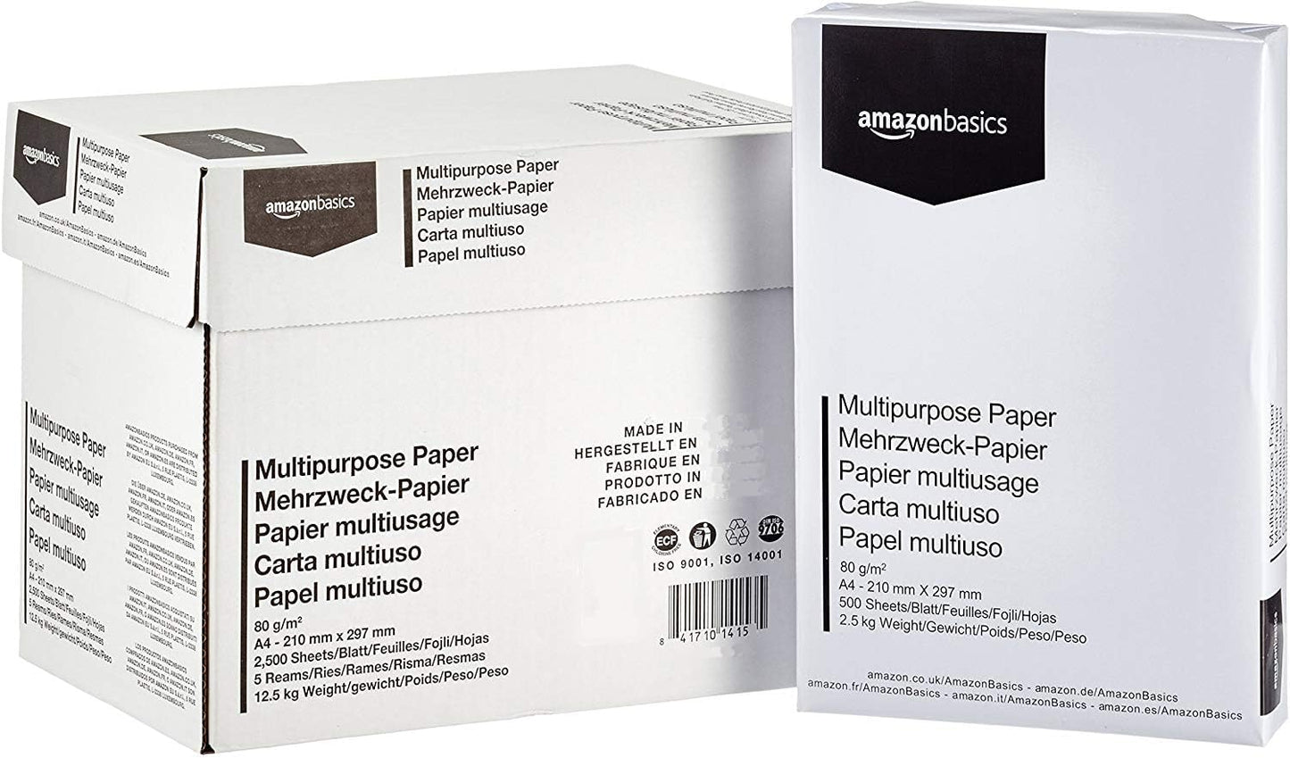 Amazon Basics Papel multiusos para impresora A4 80gsm, 2500 Unidad, 5 Paquetes de 500, Blanco – para oposiciones – Material de estudio – OpoMarket