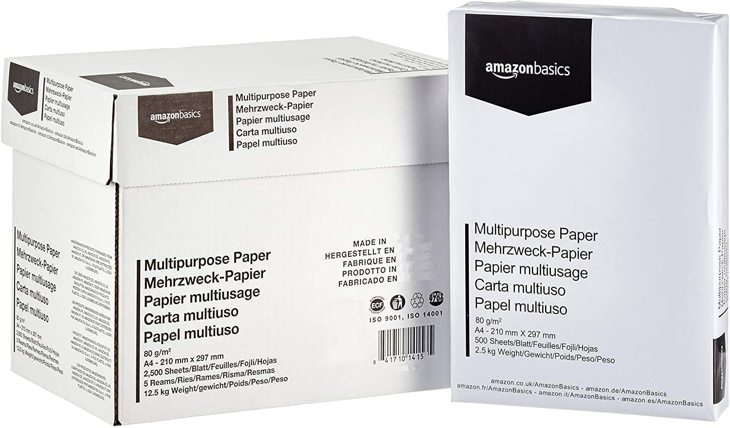 Amazon Basics Papel multiusos para impresora A4 80gsm, 2500 Unidad, 5 Paquetes de 500, Blanco – para oposiciones – Material de estudio – OpoMarket