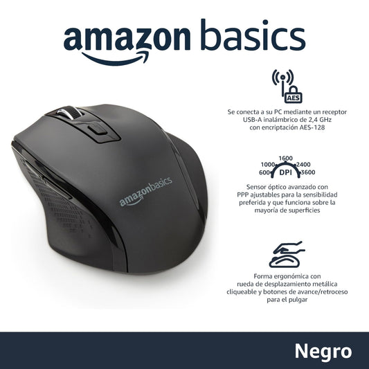 Amazon Basics Ratón inalámbrico ergonómico, DPI ajustable, negro – para oposiciones – Material de estudio – OpoMarket