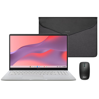 ASUS Chromebook CX1505CTA - Ordenador Portátil 15.6" Full HD (Intel N50, 4GB RAM, 128GB eMMC, ChromeOS) QWERTY Funda y ratón incluidos +3 Meses de Google AI Pro con Gemini Pro y 2TB de Almacenamiento – Ordenador personal para oposiciones – Material de estudio – OpoMarket