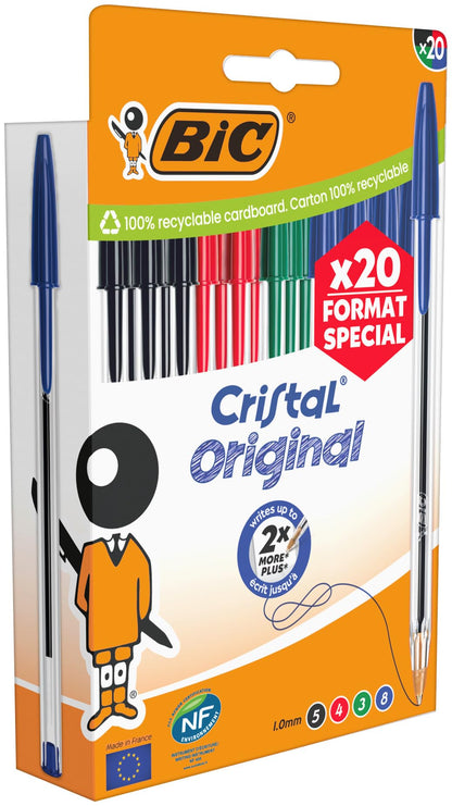 BIC Cristal Original Bolígrafos de Punta Media (1,00 mm) - Colores de Tinta Surtidos, Caja de Edición Especial de 20 – para oposiciones – Material de estudio – OpoMarket