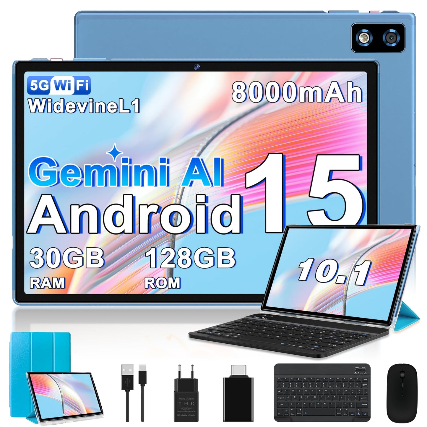 BIEGEDY 2026 último Tablet 10 Pulgadas Android 15 con Gemini AI, 30GB RAM + 128GB ROM, Octa - Core 2.0GHZ, 8000mAh, GMS, Widevine L1, GPS, OTG,5G WiFi 6 & BT 5.0,Tablet Teclado y Raton - Azul – Ordenador personal para oposiciones – Material de estudio – OpoMarket