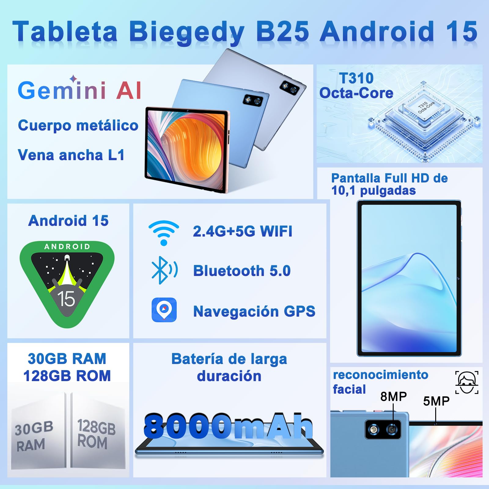 BIEGEDY 2026 último Tablet 10 Pulgadas Android 15 con Gemini AI, 30GB RAM + 128GB ROM, Octa - Core 2.0GHZ, 8000mAh, GMS, Widevine L1, GPS, OTG,5G WiFi 6 & BT 5.0,Tablet Teclado y Raton - Azul – Ordenador personal para oposiciones – Material de estudio – OpoMarket
