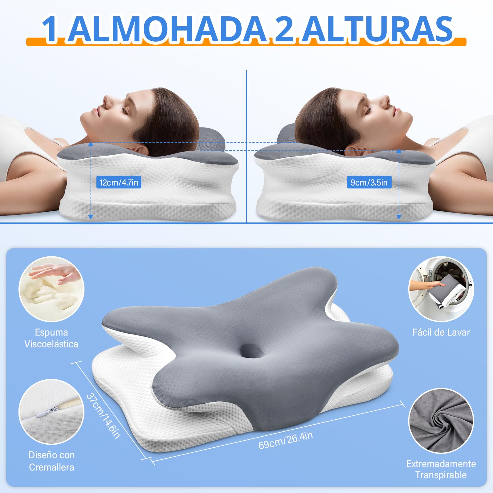 Ehomfory Almohada Cervicales y Cuello，Almohada Cervical de Espuma Viscoelástica, 2 en 1 Almohada Ergonómica para Dormir de Lado, Boca Arriba y Boca Abajo, 69x37x9/12 CM – para oposiciones – Material de estudio – OpoMarket