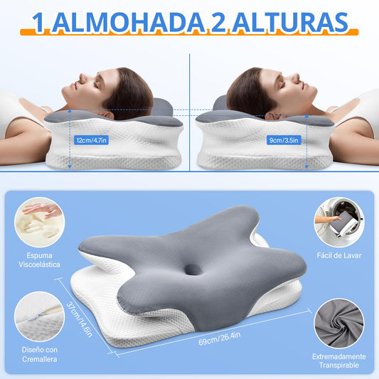 Ehomfory Almohada Cervicales y Cuello，Almohada Cervical de Espuma Viscoelástica, 2 en 1 Almohada Ergonómica para Dormir de Lado, Boca Arriba y Boca Abajo, 69x37x9/12 CM – para oposiciones – Material de estudio – OpoMarket