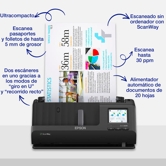 Epson ES - C380W, Escáner Vertical de Documentos A4, USB, WiFi, Alimentador Automático de Documentos, escaneado Doble Cara (dúplex), Pantalla LCD táctil, Color Negro – Material de oficina para oposiciones – Material de estudio – OpoMarket