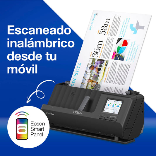 Epson ES - C380W, Escáner Vertical de Documentos A4, USB, WiFi, Alimentador Automático de Documentos, escaneado Doble Cara (dúplex), Pantalla LCD táctil, Color Negro – Material de oficina para oposiciones – Material de estudio – OpoMarket