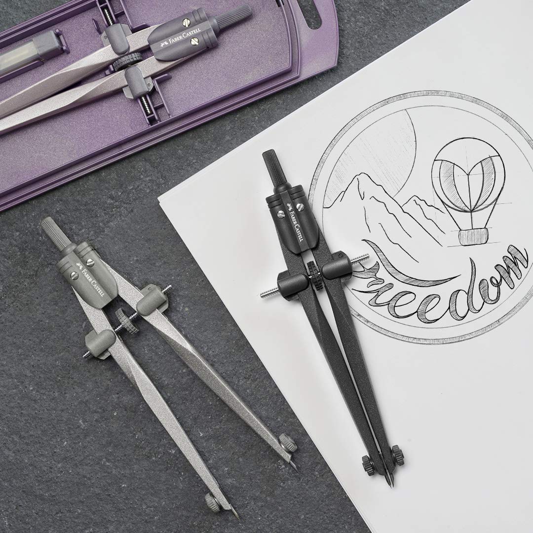 FABER - CASTELL 174530 - Compás de ajuste rápido Stream, Blackstone, juego de compases con piezas de repuesto y minas para compás – para oposiciones – Material de estudio – OpoMarket