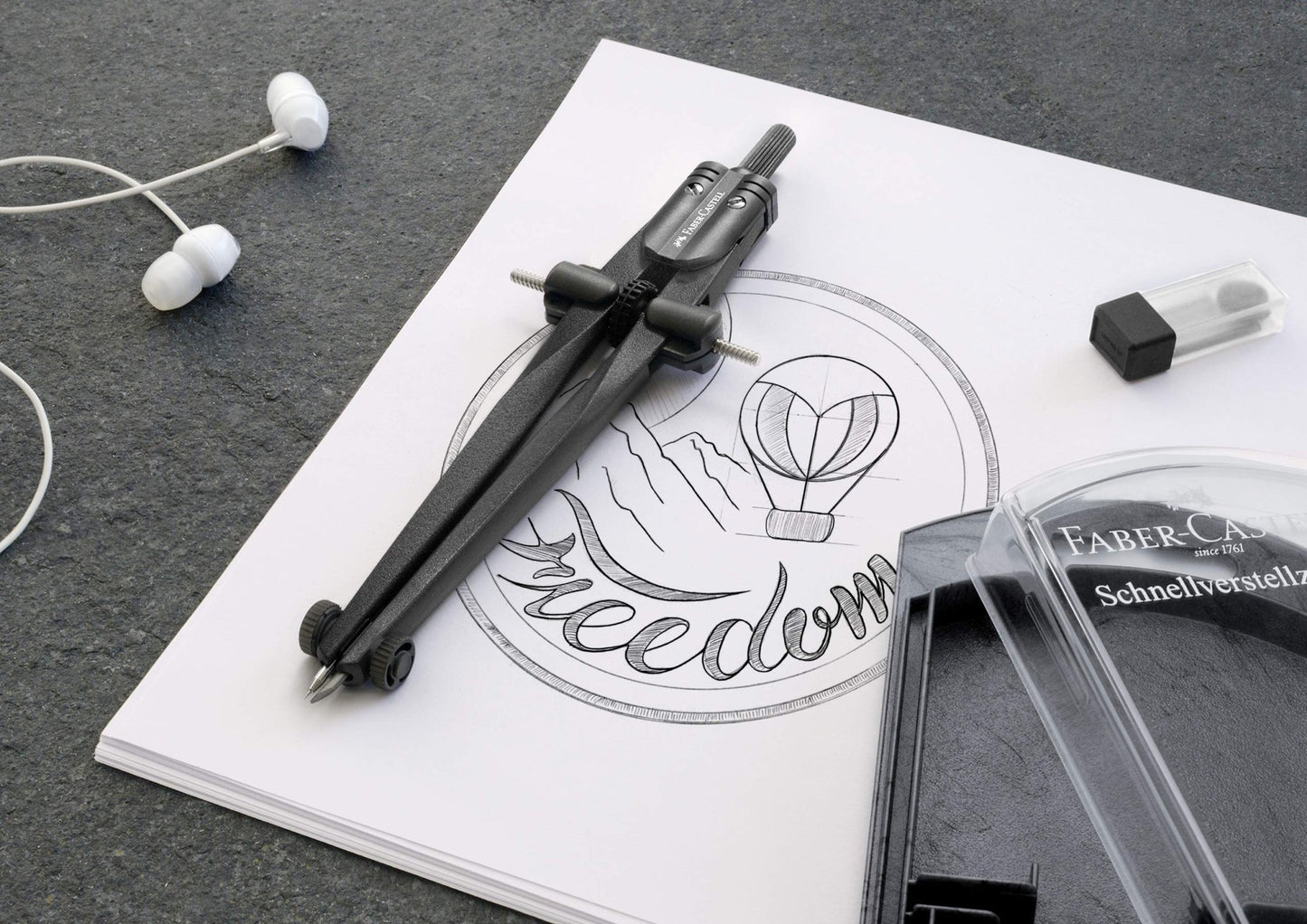 FABER - CASTELL 174530 - Compás de ajuste rápido Stream, Blackstone, juego de compases con piezas de repuesto y minas para compás – para oposiciones – Material de estudio – OpoMarket