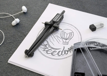 FABER - CASTELL 174530 - Compás de ajuste rápido Stream, Blackstone, juego de compases con piezas de repuesto y minas para compás – para oposiciones – Material de estudio – OpoMarket