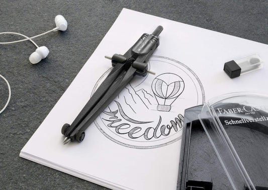 FABER - CASTELL 174530 - Compás de ajuste rápido Stream, Blackstone, juego de compases con piezas de repuesto y minas para compás – para oposiciones – Material de estudio – OpoMarket