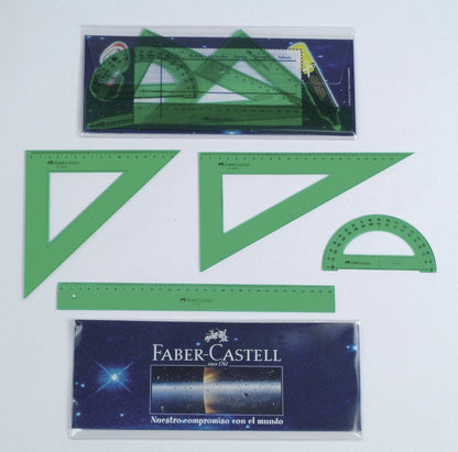 Faber - Castell 65021 - Pack Escolar - Escuadra - Cartabón - Regla - Semicírculo - Color Verde – para oposiciones – Material de estudio – OpoMarket