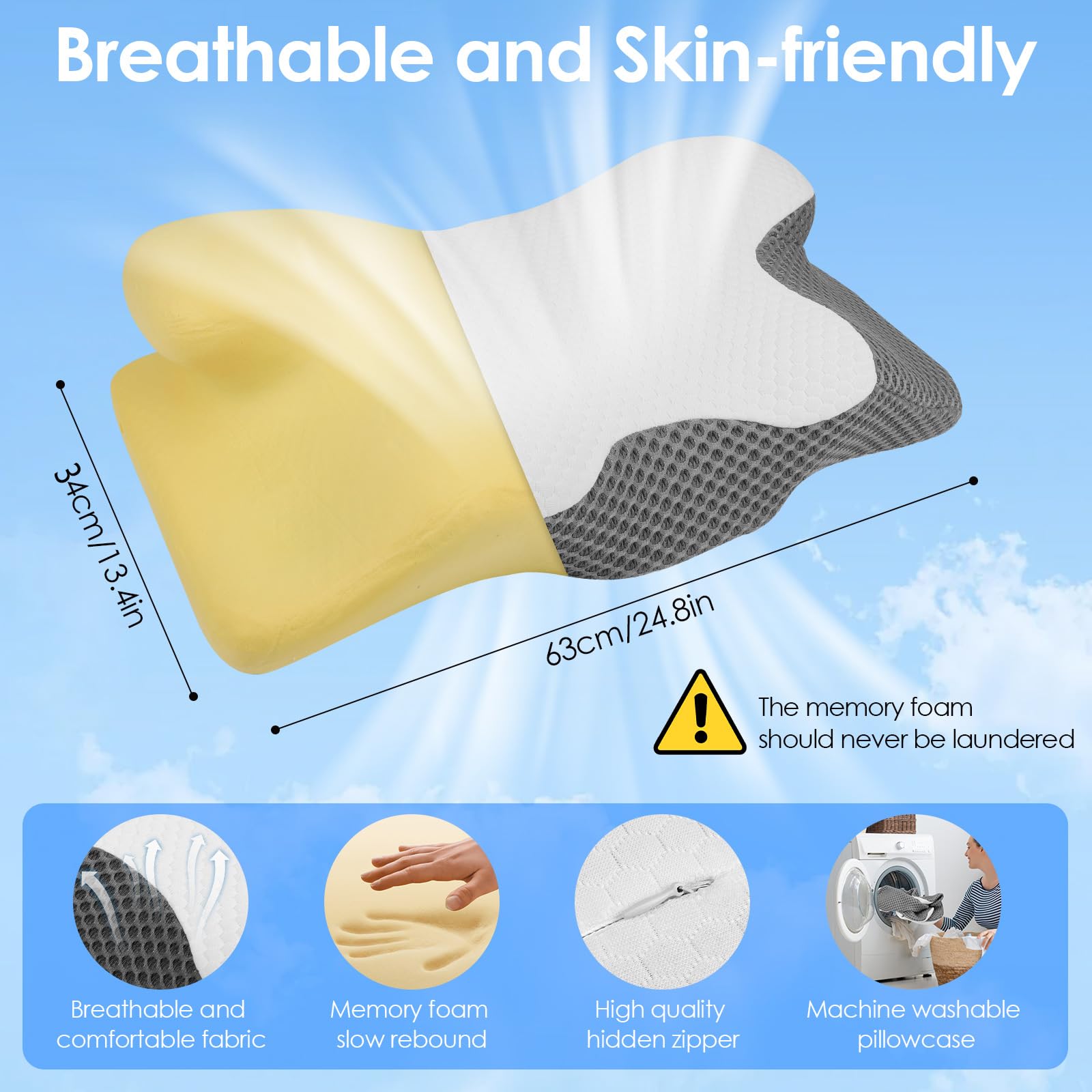 Gaethra Almohada Cervicales y Cuello, 2 in 1 Almohada Antironquidos para Aliviar el Dolor de Cuello y Espalda, Almohada Ortopedica y Ergonomica para Dormir de Lado y Boca Arriba - 63 x 12/9 x 34 cm – para oposiciones – Material de estudio – OpoMarket