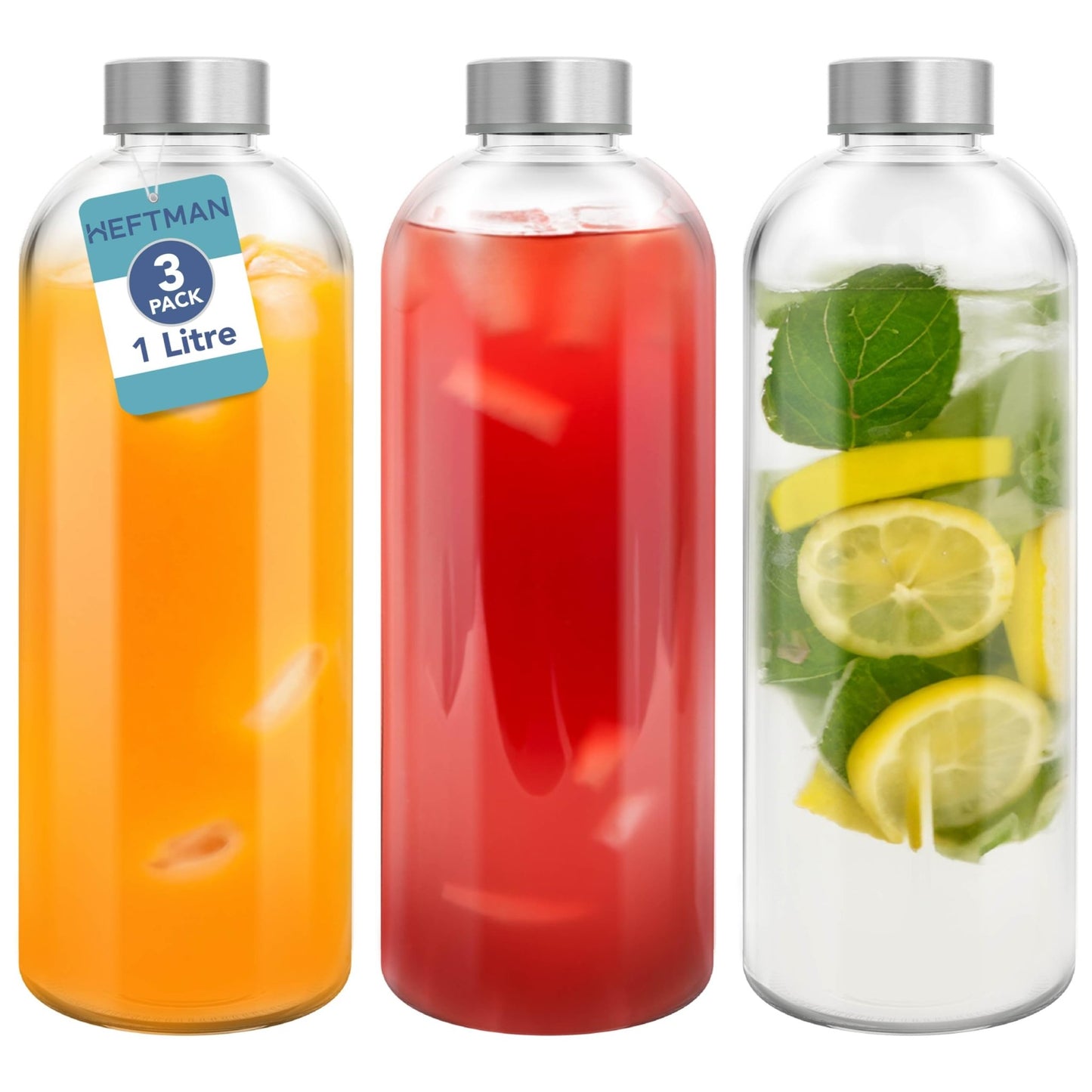 HEFTMAN Botella de agua de vidrio de 1 litro, paquete de 3 botellas de vidrio vacías con tapas, agua, batidos, botellas de jugo de vidrio con tapas herméticas, a prueba de fugas, de acero inoxidable y – para oposiciones – Material de estudio – OpoMarket