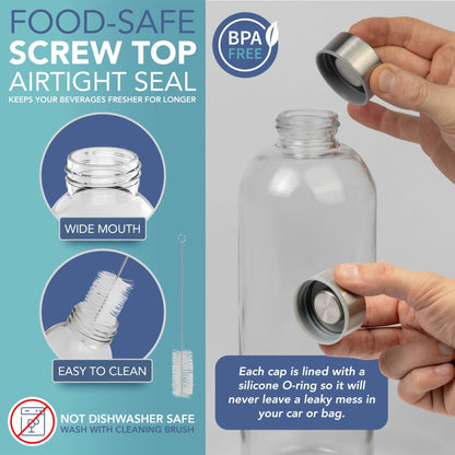 HEFTMAN Botella de agua de vidrio de 1 litro, paquete de 3 botellas de vidrio vacías con tapas, agua, batidos, botellas de jugo de vidrio con tapas herméticas, a prueba de fugas, de acero inoxidable y – para oposiciones – Material de estudio – OpoMarket