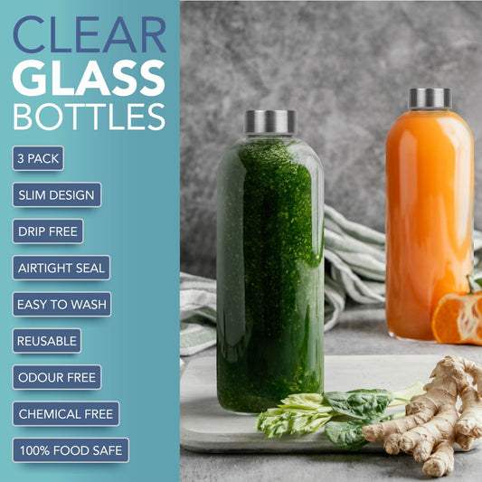 HEFTMAN Botella de agua de vidrio de 1 litro, paquete de 3 botellas de vidrio vacías con tapas, agua, batidos, botellas de jugo de vidrio con tapas herméticas, a prueba de fugas, de acero inoxidable y – para oposiciones – Material de estudio – OpoMarket