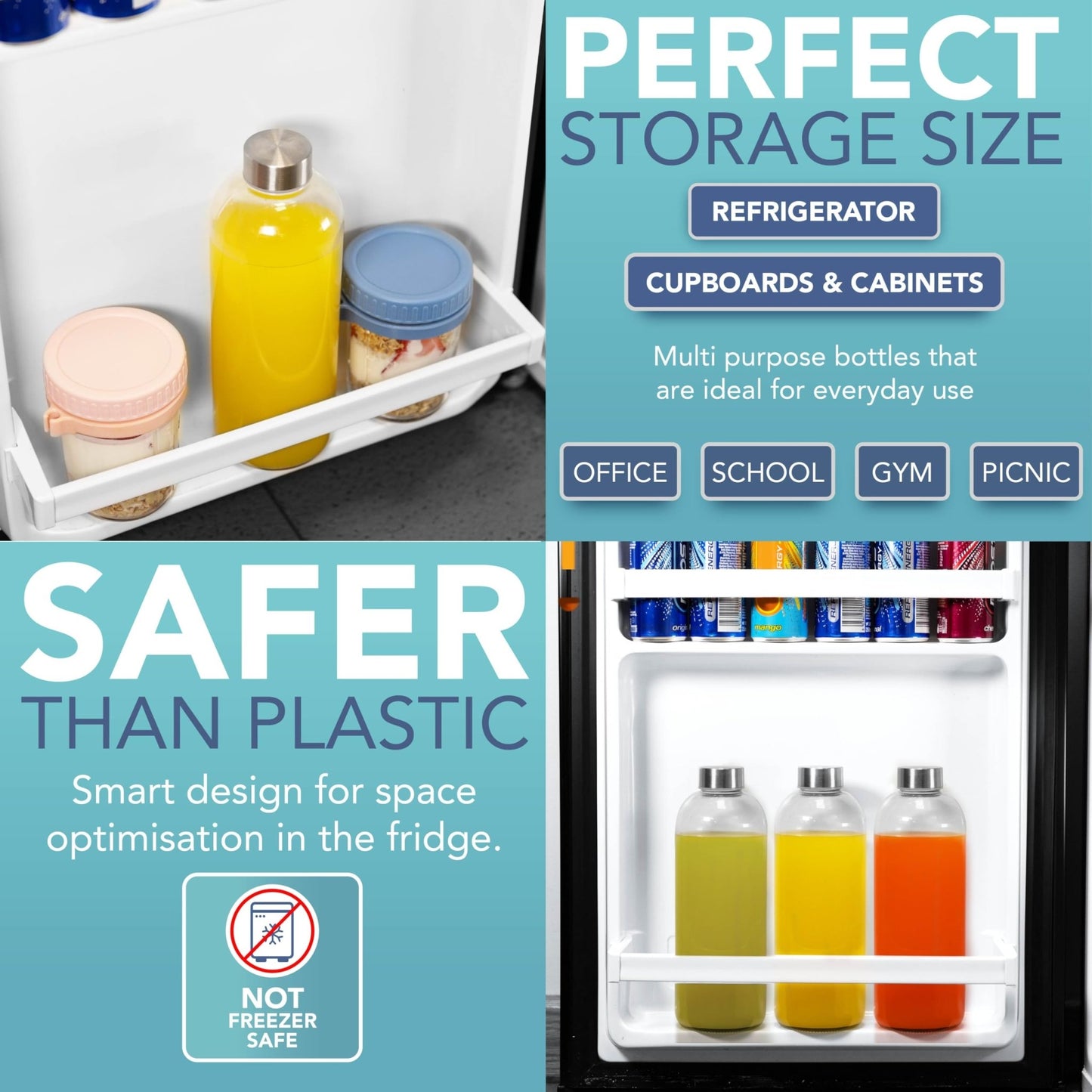 HEFTMAN Botella de agua de vidrio de 1 litro, paquete de 3 botellas de vidrio vacías con tapas, agua, batidos, botellas de jugo de vidrio con tapas herméticas, a prueba de fugas, de acero inoxidable y – para oposiciones – Material de estudio – OpoMarket