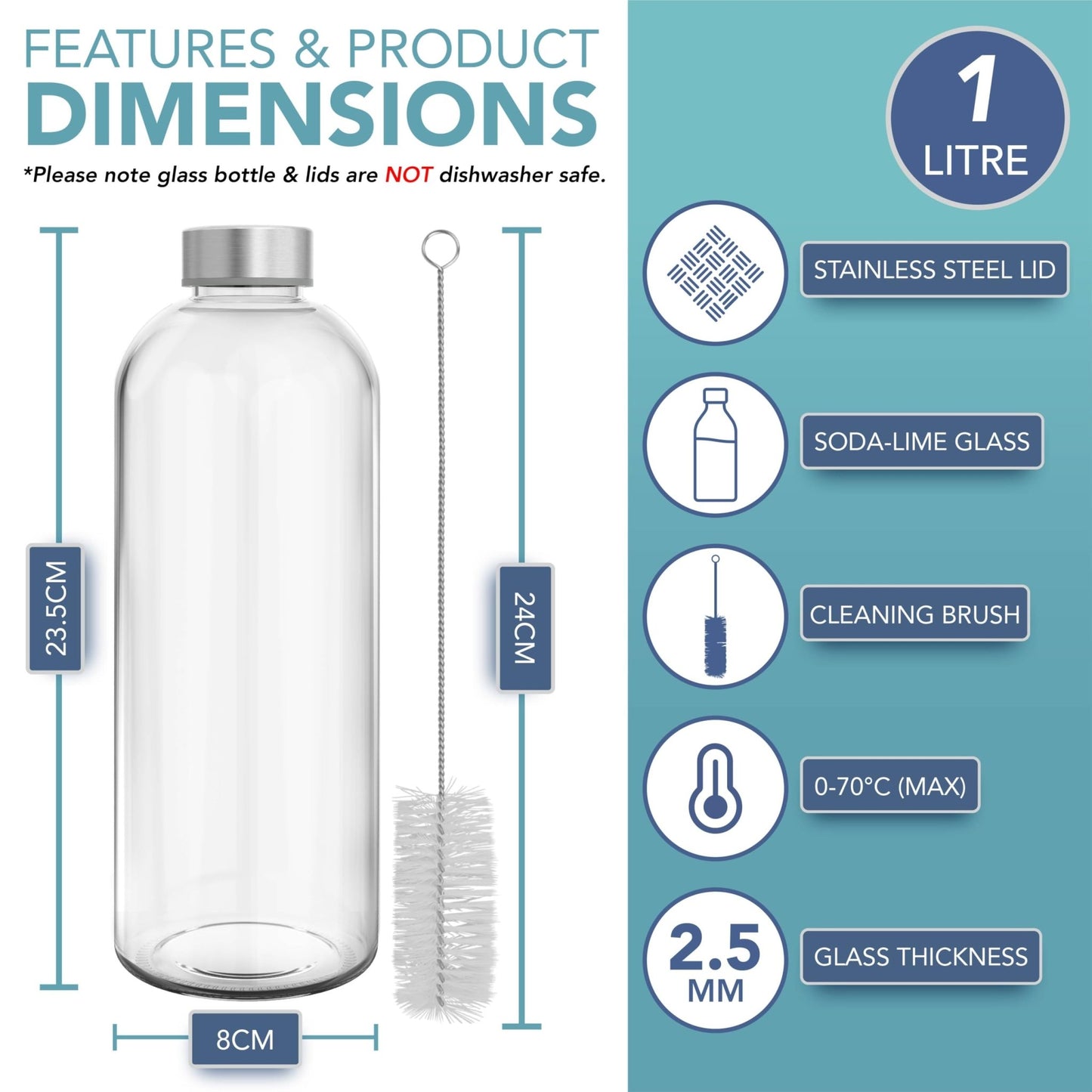HEFTMAN Botella de agua de vidrio de 1 litro, paquete de 3 botellas de vidrio vacías con tapas, agua, batidos, botellas de jugo de vidrio con tapas herméticas, a prueba de fugas, de acero inoxidable y – para oposiciones – Material de estudio – OpoMarket