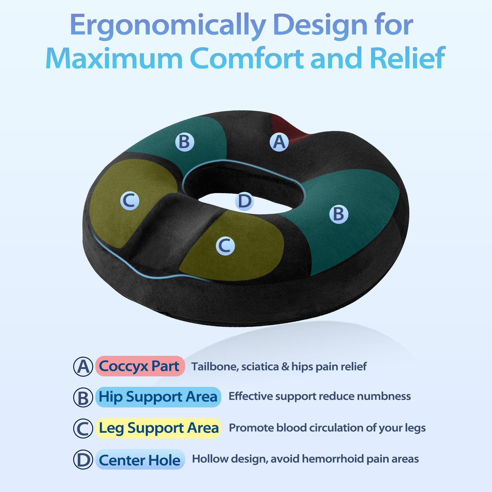 HOMCA Cojín para Coxis Espuma Cojín Hemorroides, Cojin Silla Oficina Cojin Antiescaras para Asientos de Oficina, Silla de Ruedas, Parte Inferior Antideslizante, Funda Lavable, Negro – para oposiciones – Material de estudio – OpoMarket