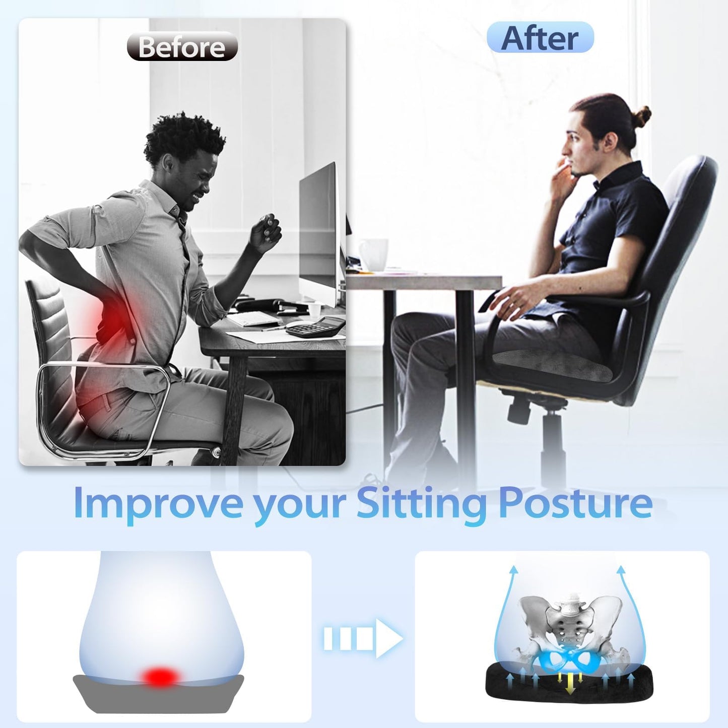 HOMCA Cojín para Coxis Espuma Cojín Hemorroides, Cojin Silla Oficina Cojin Antiescaras para Asientos de Oficina, Silla de Ruedas, Parte Inferior Antideslizante, Funda Lavable, Negro – para oposiciones – Material de estudio – OpoMarket