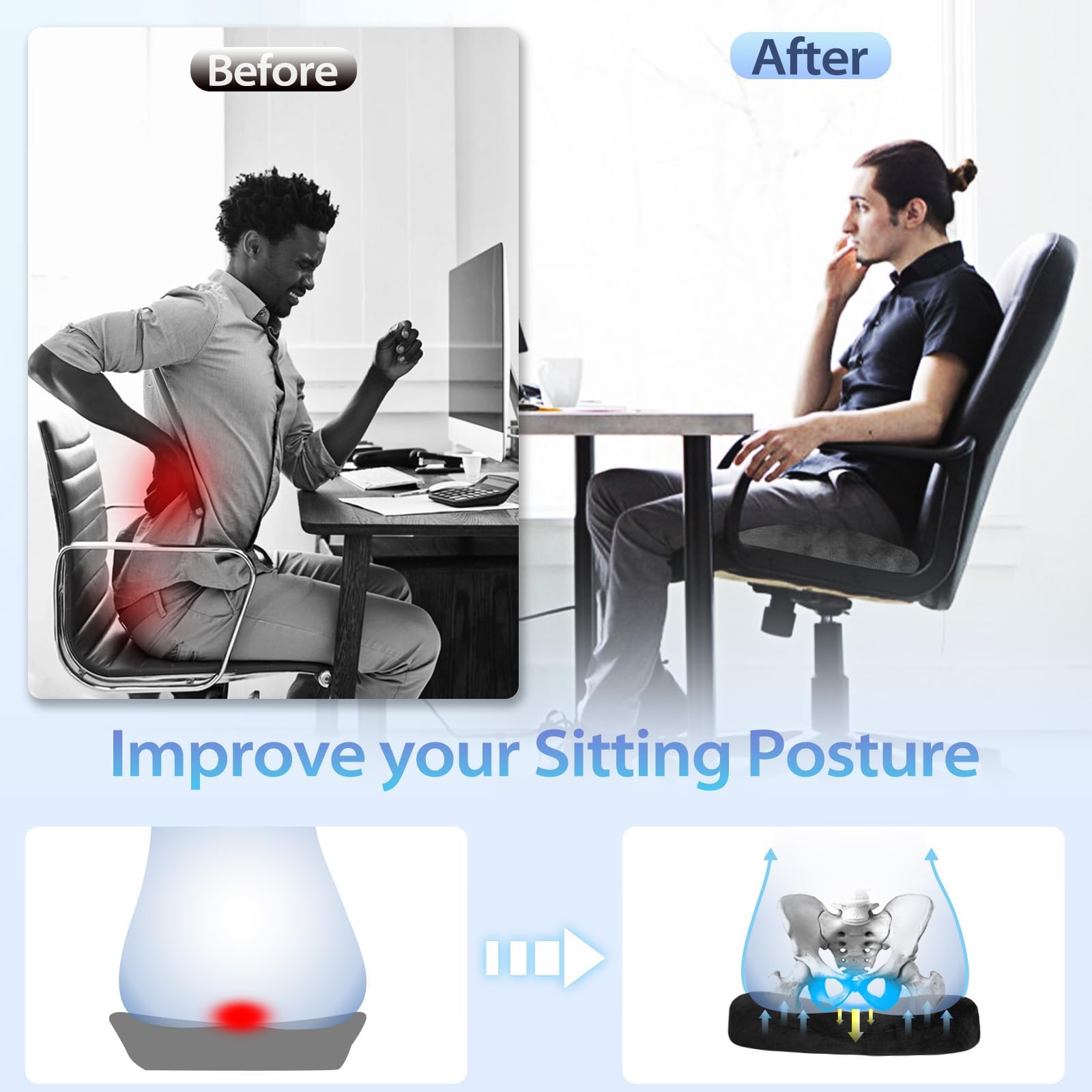 HOMCA Cojín para Coxis Espuma Cojín Hemorroides, Cojin Silla Oficina Cojin Antiescaras para Asientos de Oficina, Silla de Ruedas, Parte Inferior Antideslizante, Funda Lavable, Negro – para oposiciones – Material de estudio – OpoMarket