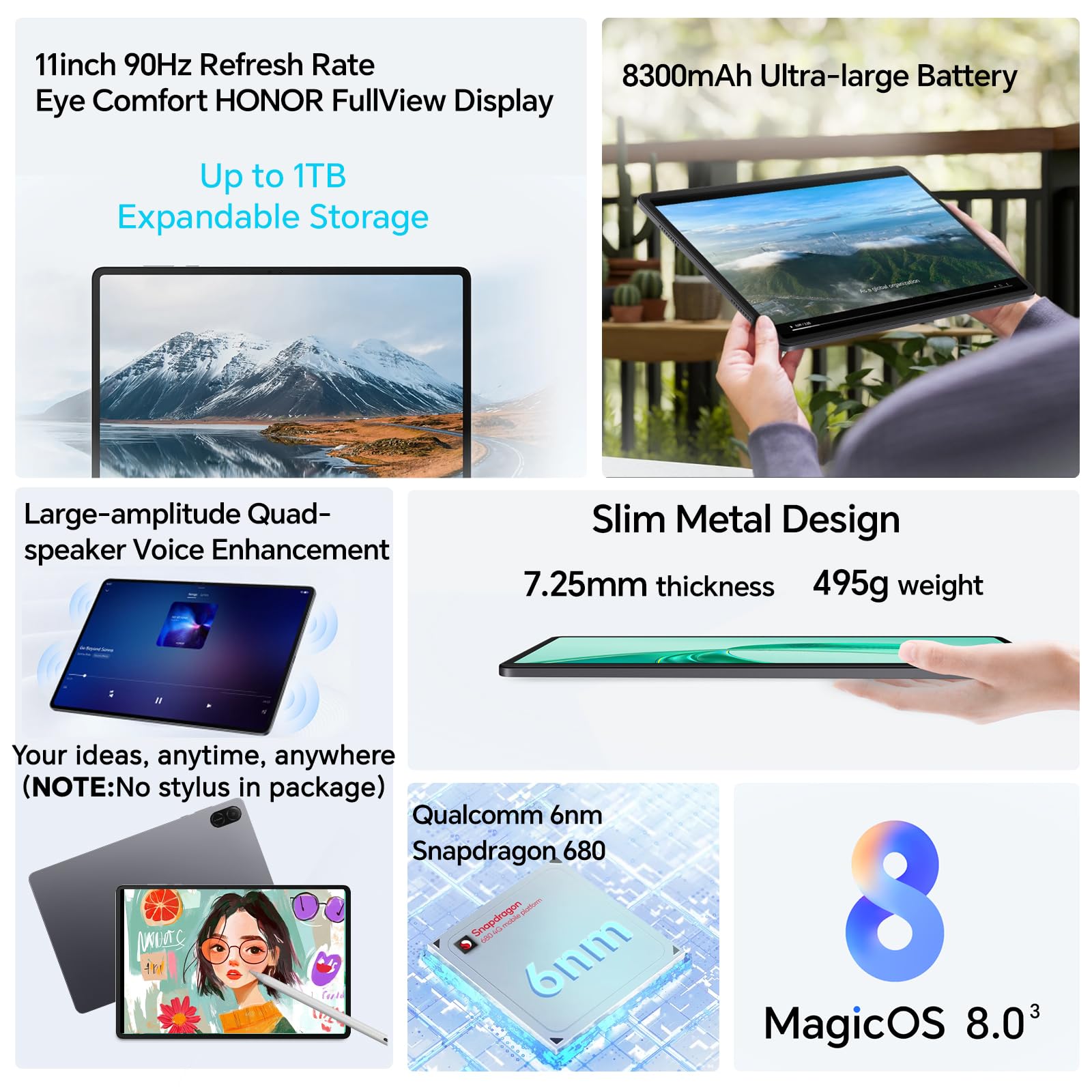 Honor Pad X8A 4GB 128GB, Ampliable hasta 1TB, WiFi Tablet, Pantalla de 11 Pulgadas 90Hz, Snapdragon 680, 4 Altavoces, Batería 8300mAh, Cuerpo Metálico, Android 14, Google Service, Gris – para oposiciones – Material de estudio – OpoMarket