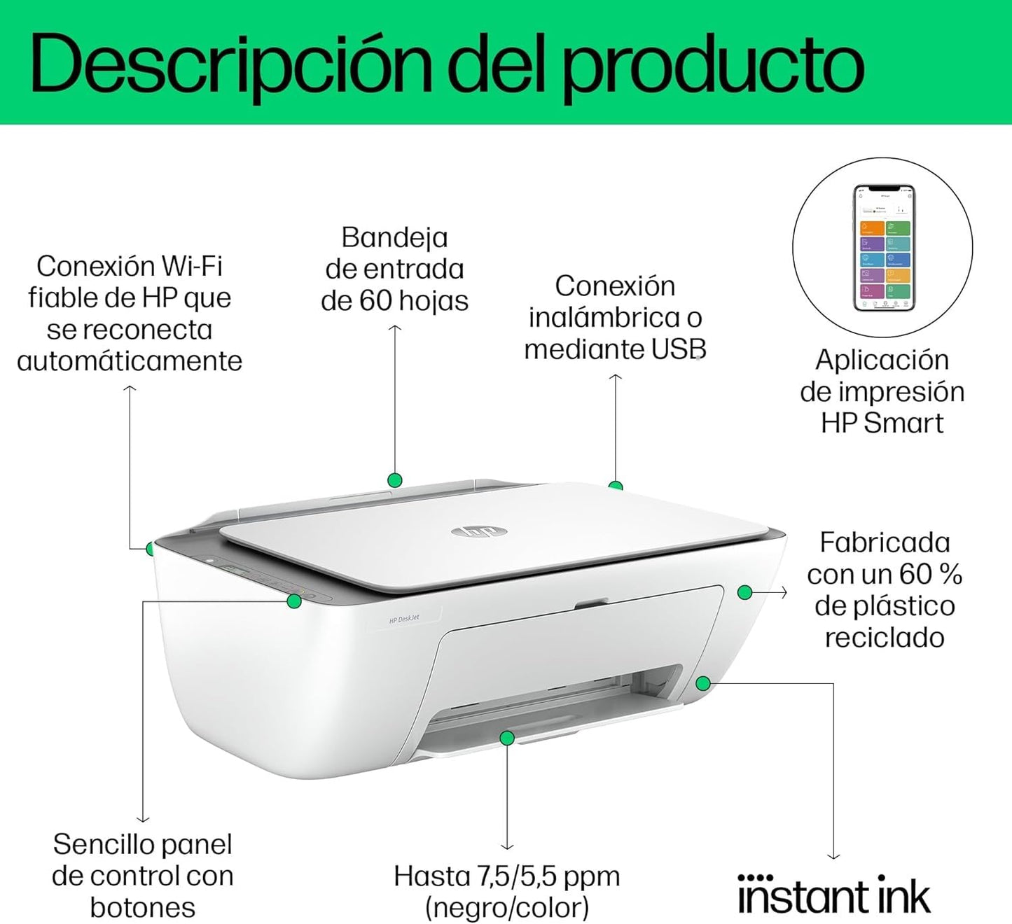 HP DeskJet 2820e 588K9B, Impresora Multifunción de Inyección de Tinta A4 a Color, Impresión a Doble Cara Manual, 7,5 ppm, Wi - Fi, Smart, 6 Meses de Instant Ink Incluidos, Blanca – Material de oficina para oposiciones – Material de estudio – OpoMarket