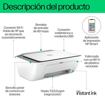 HP DeskJet 2820e 588K9B, Impresora Multifunción de Inyección de Tinta A4 a Color, Impresión a Doble Cara Manual, 7,5 ppm, Wi - Fi, Smart, 6 Meses de Instant Ink Incluidos, Blanca – Material de oficina para oposiciones – Material de estudio – OpoMarket