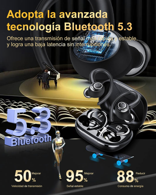 Jesebang Auriculares Inalámbricos Deportivos, Auriculares Bluetooth 5.3 con HD Micrófono, Sonido Premium, 40H de Reproducción, Pantalla LED, Cómodos de Llevar, Cascos Inalambricos con Gancho, Negro – Electrónica para oposiciones – Material de estudio – OpoMarket
