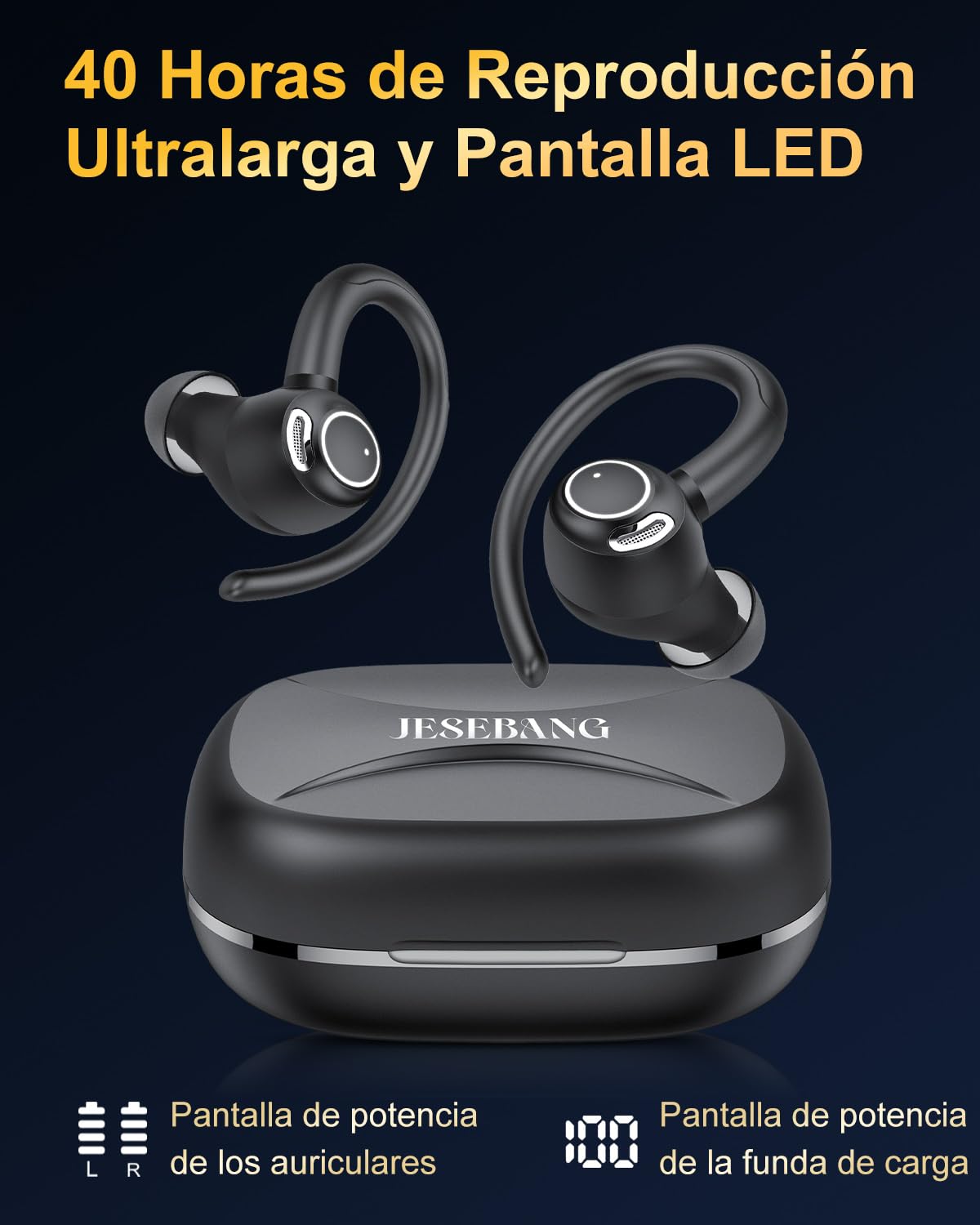 Jesebang Auriculares Inalámbricos Deportivos, Auriculares Bluetooth 5.3 con HD Micrófono, Sonido Premium, 40H de Reproducción, Pantalla LED, Cómodos de Llevar, Cascos Inalambricos con Gancho, Negro – Electrónica para oposiciones – Material de estudio – OpoMarket
