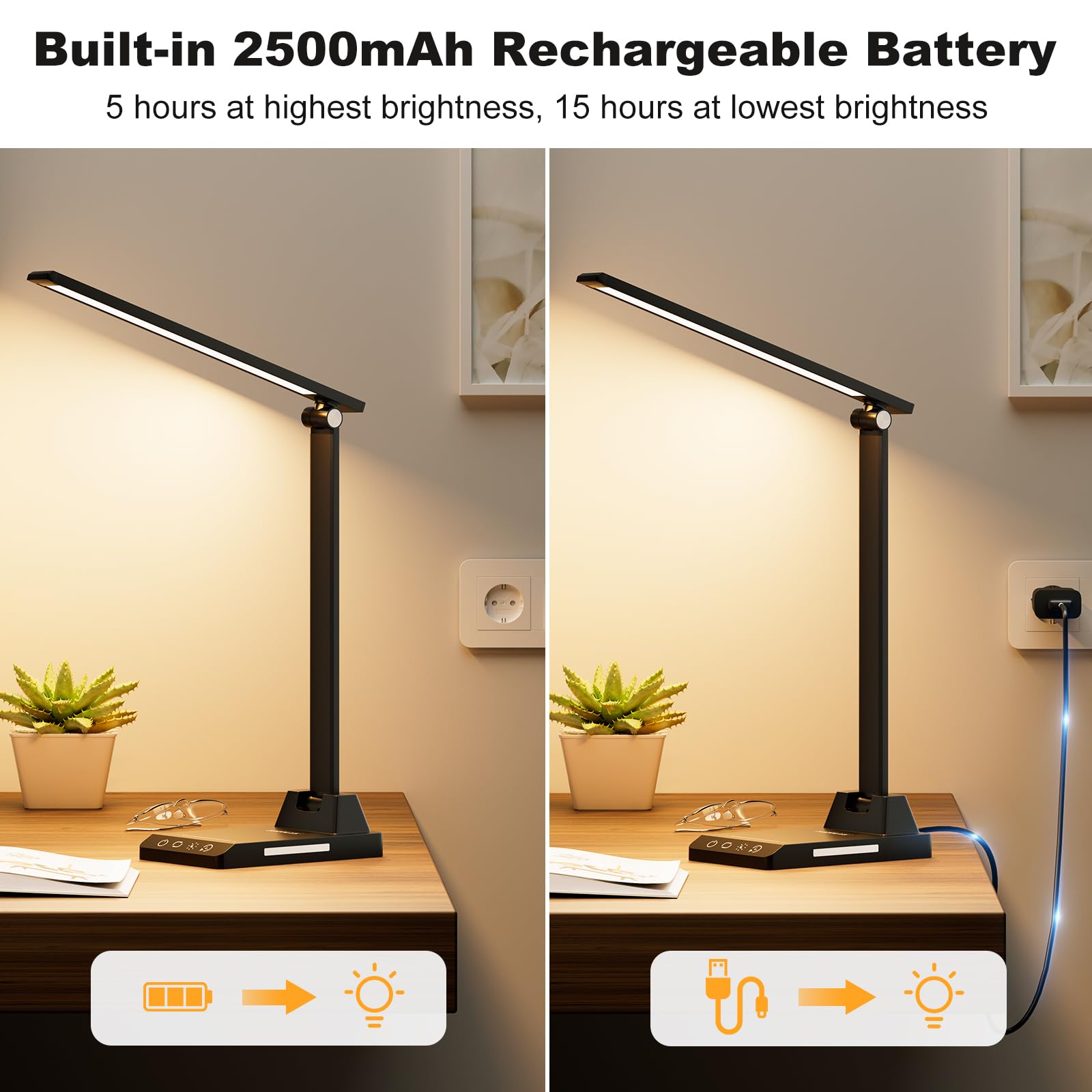 Lámpara Escritorio, Flexo Led Escritorio con 2500mAh Batería, 5 Modos,10 Niveles de Brillo Lámpara Escritorio LED, Temporizador de 30/60min Lampara Escritorio Led, Función de Memoria Flexo Escritorio – para oposiciones – Material de estudio – OpoMarket