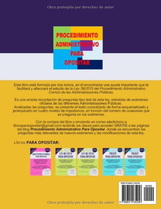 Reverso del libro Test Ley 39 2015 Tomo II con esquemas para opositores