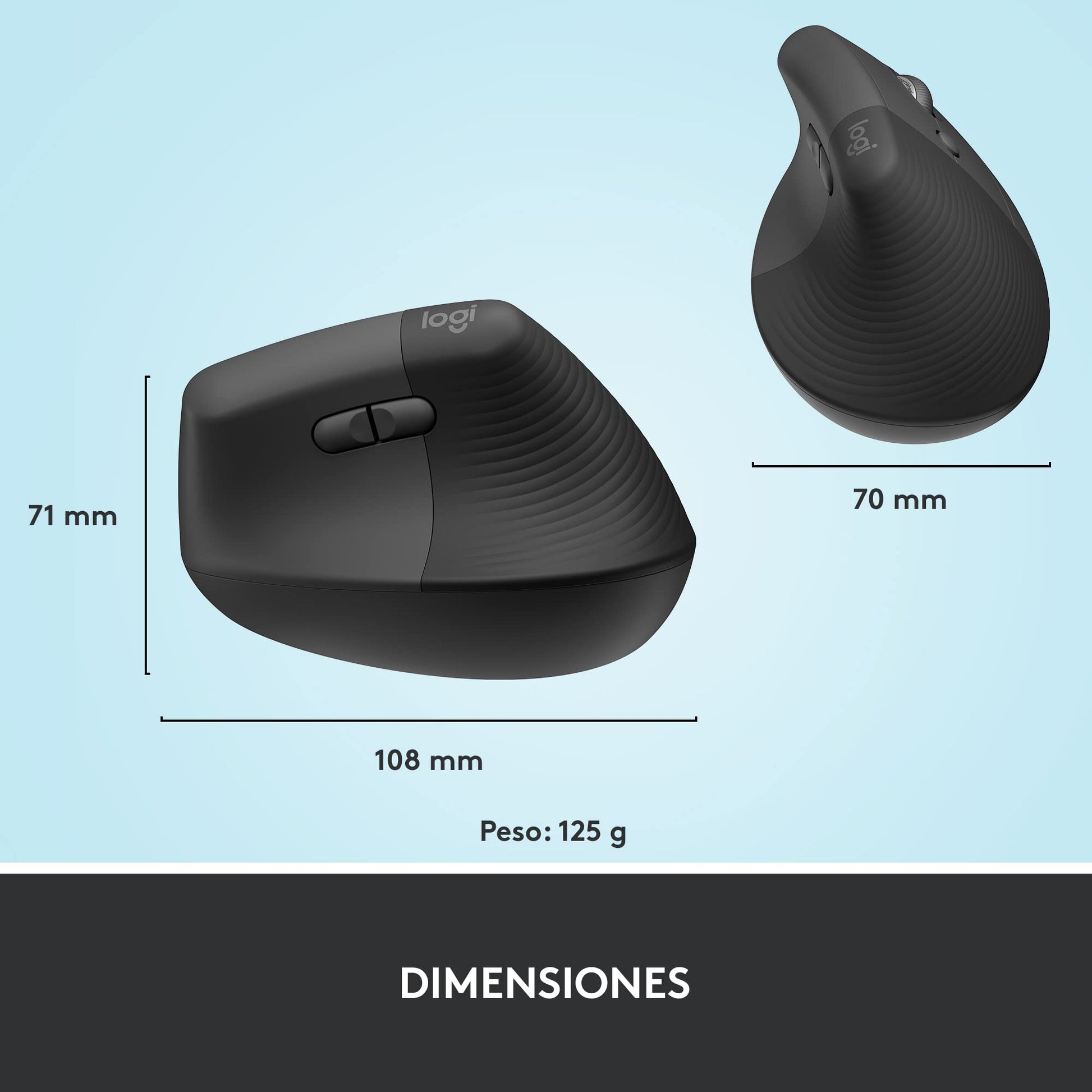 Logitech Lift Ratón Ergonómico Vertical, Inalámbrico, Bluetooth o receptor Logi Bolt USB, clics Silenciosos, 4 botones, compatible con Windows/macOS/iPadOS, portátil, PC - Grafito – para oposiciones – Material de estudio – OpoMarket