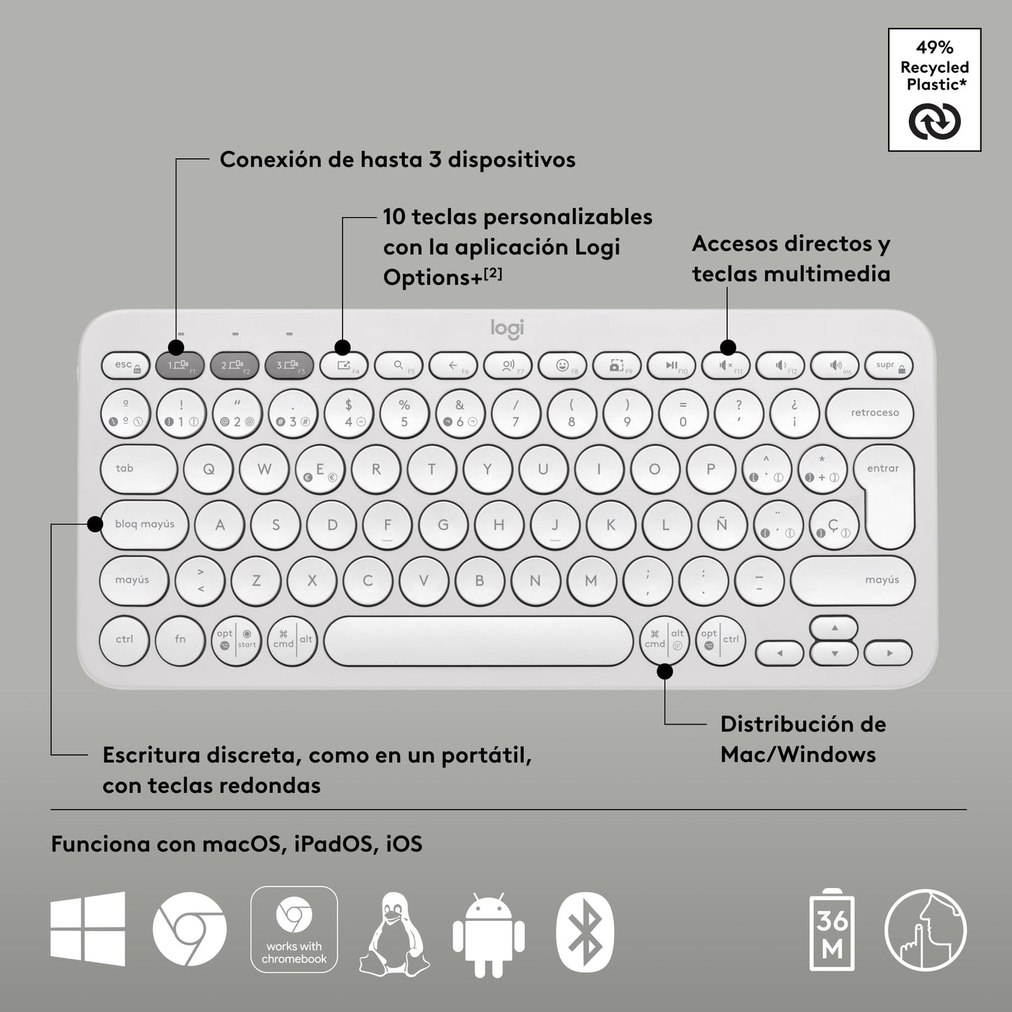 Logitech Pebble Keys 2 K380s Teclado Bluetooth Multidispositivo, Accesos Directos, Estilizado y Portátil, Easy - Switch, Windows, macOS, iPadOS, Android, ChromeOS, Disposición QWERTY Españo, Blanco – para oposiciones – Material de estudio – OpoMarket