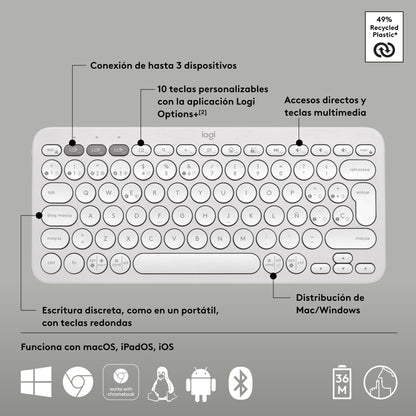 Logitech Pebble Keys 2 K380s Teclado Bluetooth Multidispositivo, Accesos Directos, Estilizado y Portátil, Easy - Switch, Windows, macOS, iPadOS, Android, ChromeOS, Disposición QWERTY Españo, Blanco – para oposiciones – Material de estudio – OpoMarket