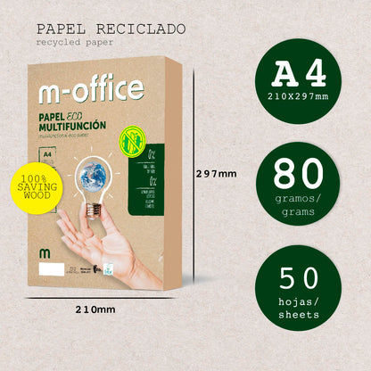 M - Office Papel Reciclado DIN A4 80gr - Paquete de 50 Folios para Fotocopiadora e Impresora - 100% Reciclado – para oposiciones – Material de estudio – OpoMarket