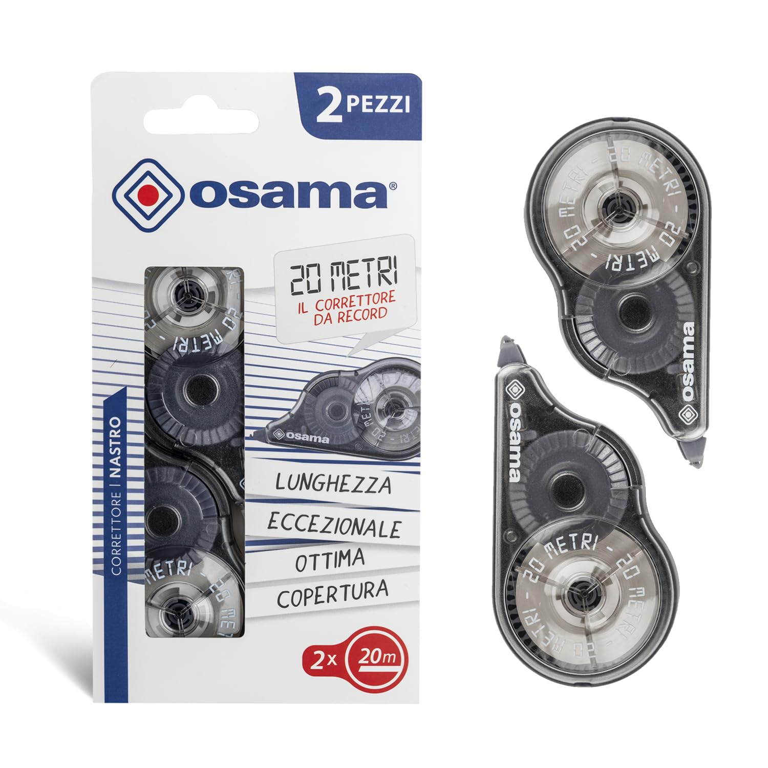 Osama - Cinta Correctora Blanca, Pack 2 Piezas, 20 M - Set Cintas Correctoras Ideal para Material Escolar, Papelería y Oficina para Borrar y Escribir de Inmediato con Alta Cobertura y Larga Duración – para oposiciones – Material de estudio – OpoMarket